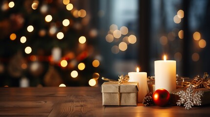Christmas presents and candles on wooden table in front of christmas tree