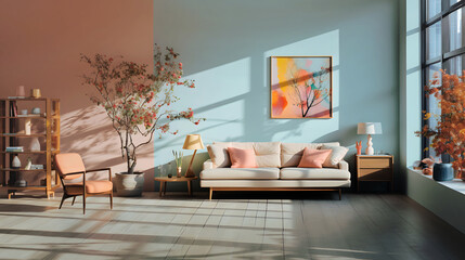 Furnished appartment in bright pastel colors, interior design beauty  concept