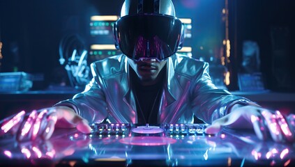 Cyberpunk style. a young african-american man wearing a virtual reality helmet and playing turntable