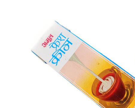 Guwahati, Assam, India - October 3, 2023 : Amul fresh cream sterilized at high temperature and packed aseptically to give safe, rich cream which stays fresh until opened.