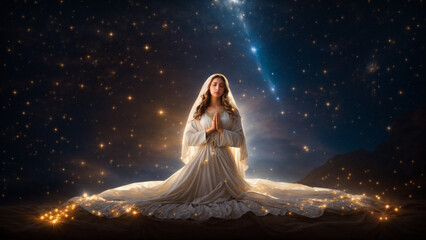 Starry Serenity: Kneeling in Celestial Prayer - obrazy, fototapety, plakaty
