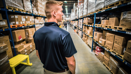 Side view of young man standing in warehouse.