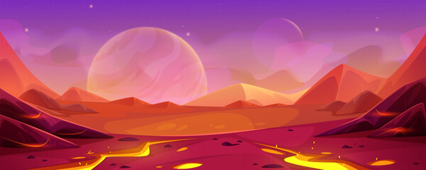 Game alien planet landscape with red ground surface. Cartoon vector fantastic outer space scenery of cosmic land with hills and mountains. Fantasy background with starry terrain with pink sky. © klyaksun