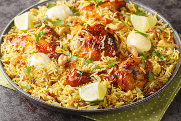 Chicken pulao or Polao with fried onion, egg, nut and raisins closeup on the plate on the table. Horizontal