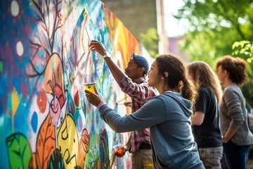  Young international graffiti artists painting with paint on the wall © Tetiana Kasatkina