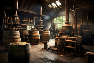 traditional whiskey distillery with copper stills