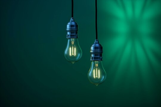 Two light bulbs suspended, one illuminated and one off, against a dark green-blue backdrop. Created in 3D. Generative AI