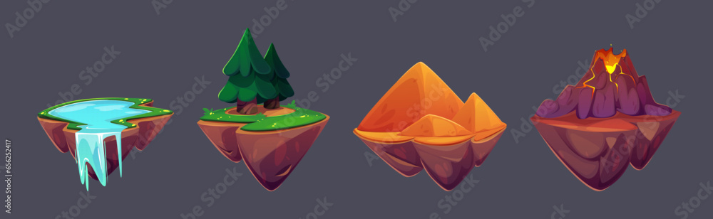 Poster game floating islands with lake and waterfall, green forest with fir trees, sandy desert surface wit