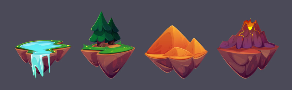 Game floating islands with lake and waterfall, green forest with fir trees, sandy desert surface with pyramids and volcano mountain with lava eruption. Flying pieces of ground for gui jump and level.