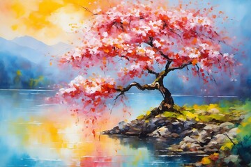 Obraz na płótnie Canvas Oriental Serenity An Oil Painting Landscape of Sakura Cherry Trees Reflecting on a Tranquil Lake