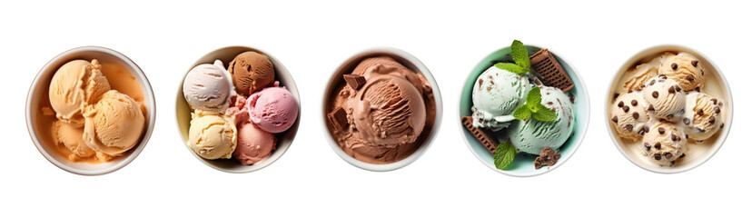 Set of different ice-cream in bowl isolated on transparent background for dessert concept. Generative Ai