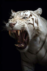 Portrait of a white saber-toothed tiger on dark background