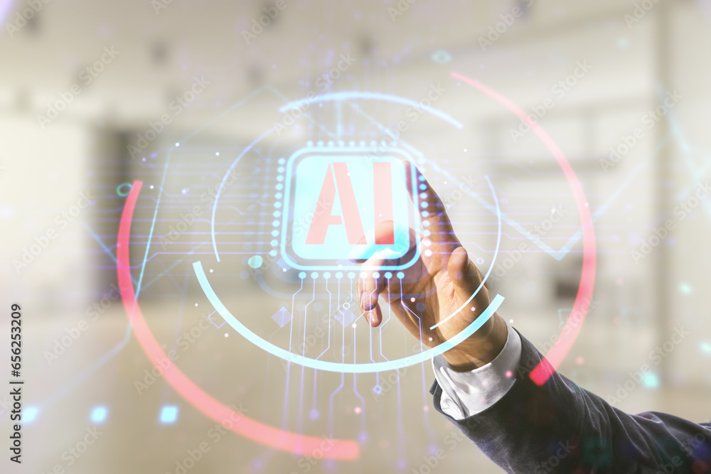 Poster double exposure of businessman hand working with creative artificial intelligence abbreviation holog
