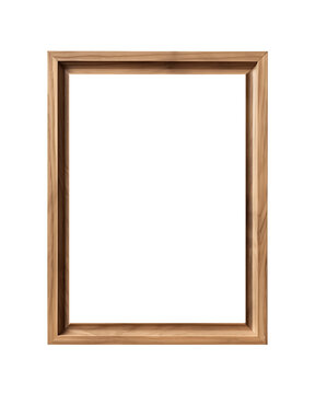 Modern brown natural wood frame isolated on a transparent background. Thin portrait vertical rectangle wooden frame mock-up for poster, photo, image, picture, wall art mockup