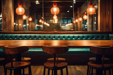 empty restaurant seats and table with lamp hanging from the ceiling - obrazy, fototapety, plakaty