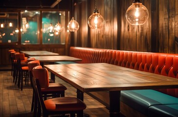 interior of a restaurant, empty restaurant seats and table with lamp hanging from the ceiling - obrazy, fototapety, plakaty