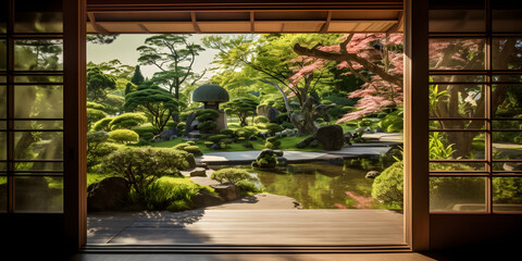 japanese summer garden in the morning view through doorway