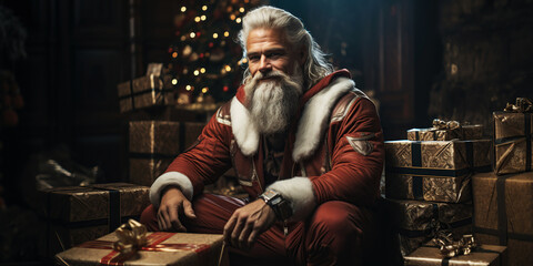 brutal bearded muscular man in Santa Claus costume. Greeting Card banner for Christmas and New Year - Powered by Adobe
