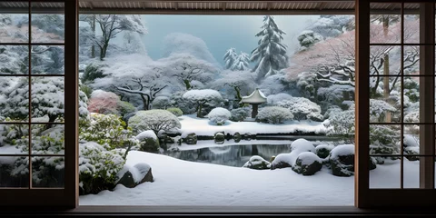 Papier Peint photo Lavable Jardin japanese winter garden view through doorway
