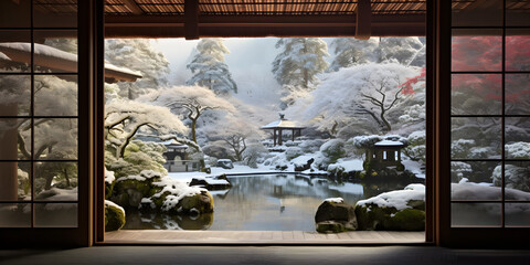 japanese winter garden view through doorway - obrazy, fototapety, plakaty