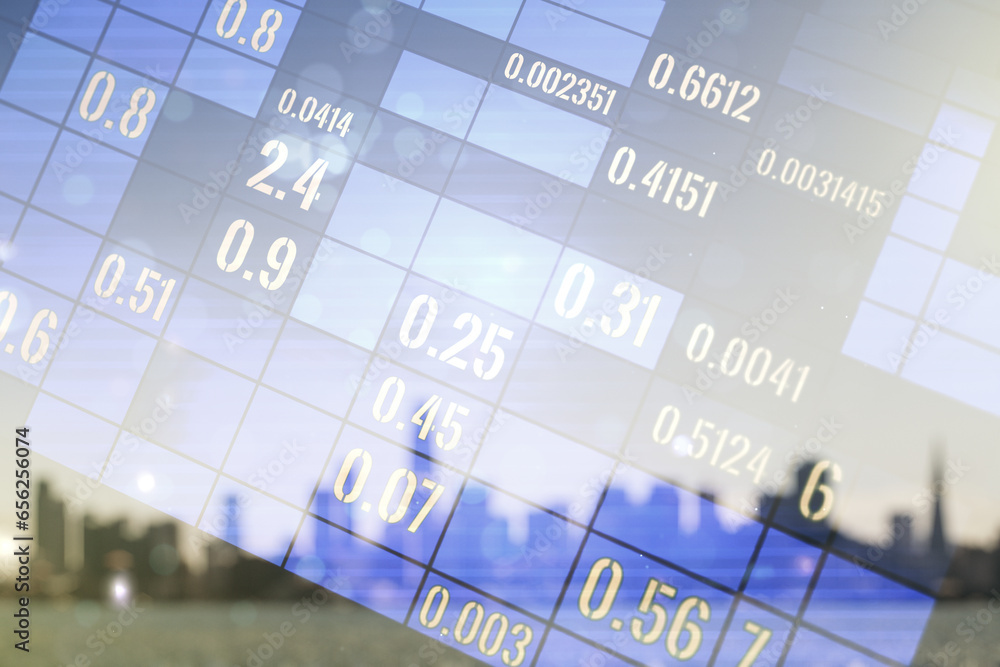 Poster abstract virtual analytics data spreadsheet on blurry skyscrapers background, analytics and analysis