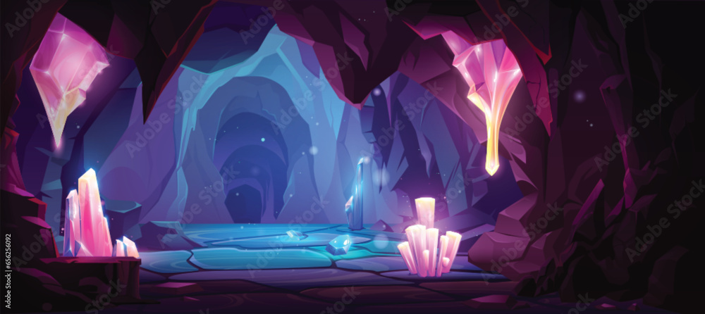 Poster dark cave with blue and pink shining crystal clusters in stone walls. cartoon vector diamond mine or