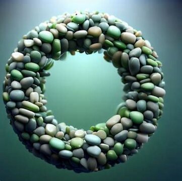 3D computer rendered image of a circle, made up of stones with green and white color, used as moke up With realistic stylish background, 4k
