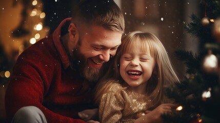 Happy family with a child with Down syndrome and parents against the background of a New Year's tree, people with disabilities. - obrazy, fototapety, plakaty