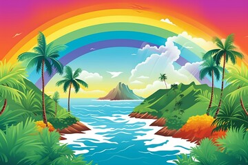 Fototapeta na wymiar Stunning beach illustration with vibrant rainbow and tropical Hawaiian scenery. Generative AI