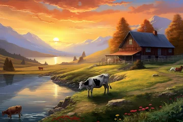 Foto auf Glas A serene scene with two cows and a farm against a picturesque landscape during a beautiful sunrise morning. Generative AI © Melisande