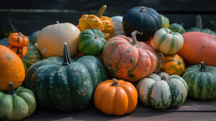 Assortment of orange and green pumpkins,Autumn season 