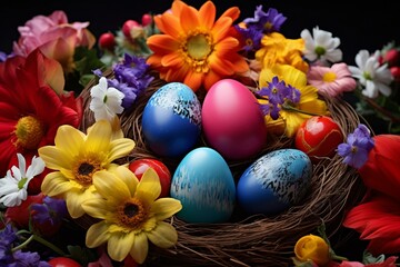 Colorful eggs nestled among vibrant flowers. Generative AI