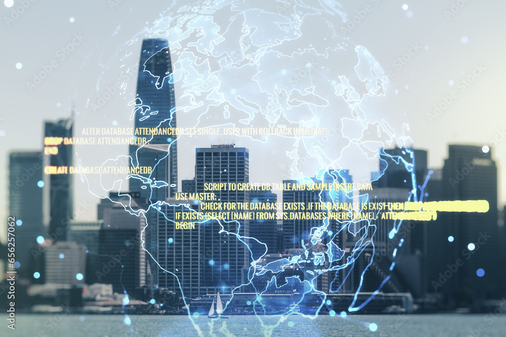 Poster multi exposure of abstract graphic coding sketch and world map on san francisco cityscape background