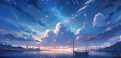 Naklejka premium Beautiful ocean in fantasy theme with beautiful star landscape in digital art painting style 