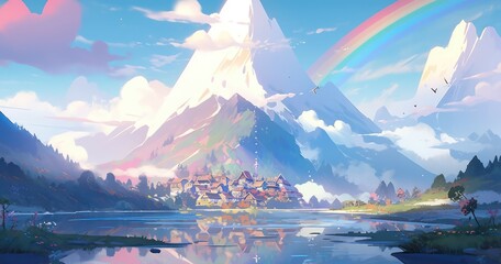 Beautiful rainbow with fantasy mountain landscape in digital art painting style 