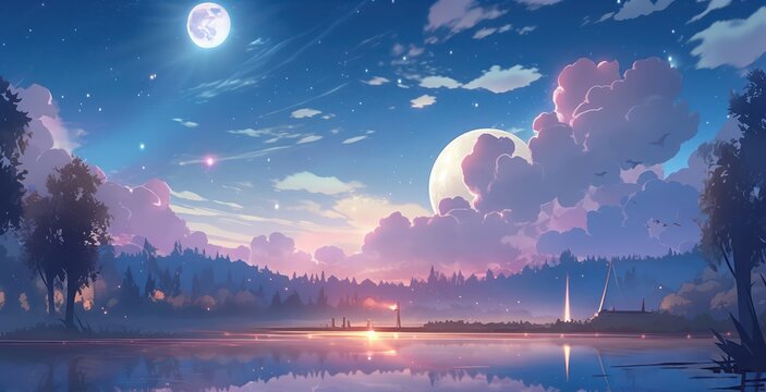 Beautiful night with star and moon in fairytale theme in digital art painting style 
