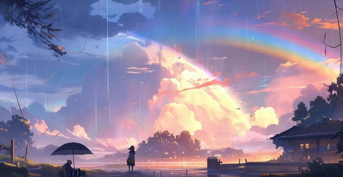 Beautiful rainbow in the evening sky theme in digital art painting style 