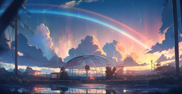 Beautiful rainbow in the evening sky theme in digital art painting style 