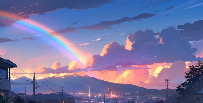 Beautiful rainbow with fantasy mountain landscape in digital art painting style 