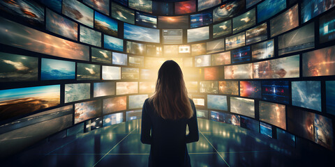 Woman surrounded by multiple TV screens, video wall showcasing variety of multimedia content, online broadcasting and streaming concept - obrazy, fototapety, plakaty