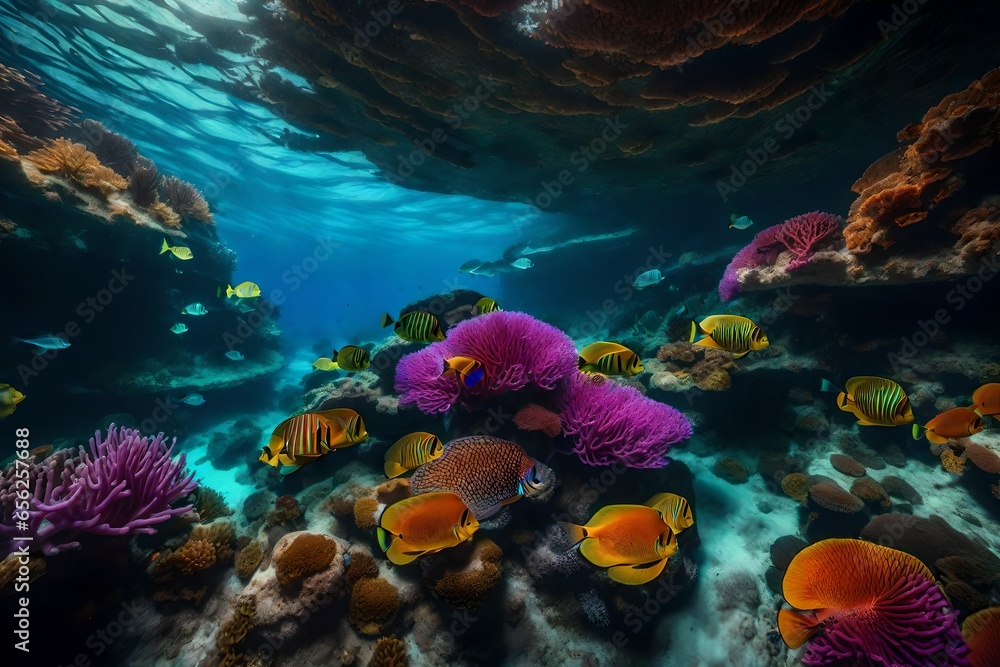 Poster deep below a colorful reef teems with life - ai generative