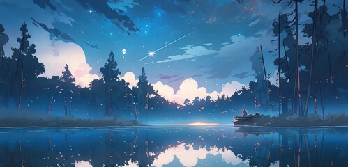 Dark forest with starry night with lake landscape in digital art painting style 
