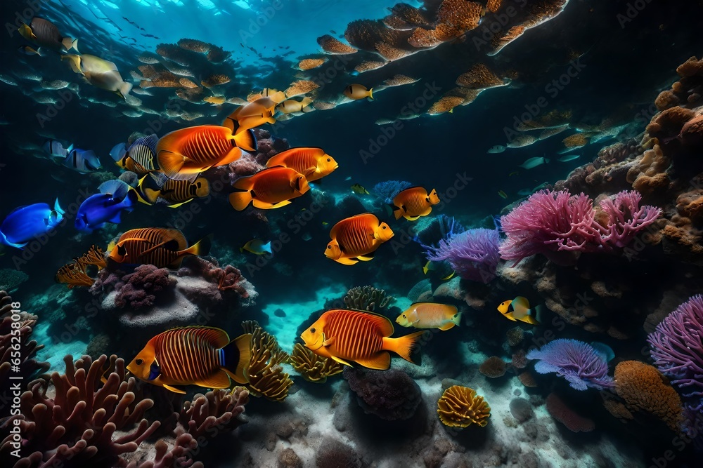 Poster deep below a colorful reef teems with life - ai generative