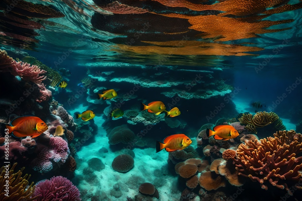 Poster deep below a colorful reef teems with life - ai generative