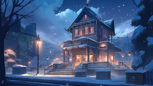 Fantasy winter fairytale night landscape in digital art painting anime style 