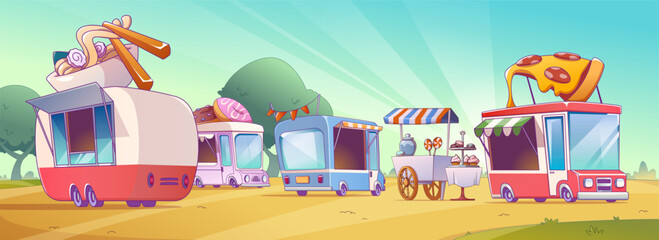 Street food festival with truck shops in summer park. Contemporary vector illustration of vans selling pizza, asian noodles, sweets and donuts, trade fair in public garden with green lawn, sunny sky