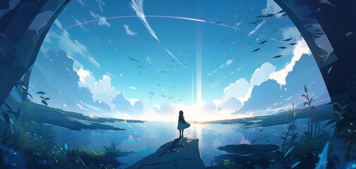 Beautiful blue ocean landscape in digital art painting anime style 