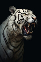 a white saber-toothed tiger on dark background