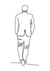Man in business suit, back view, full length. One line drawing vector illustration.