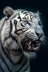 a white saber-toothed tiger on dark background